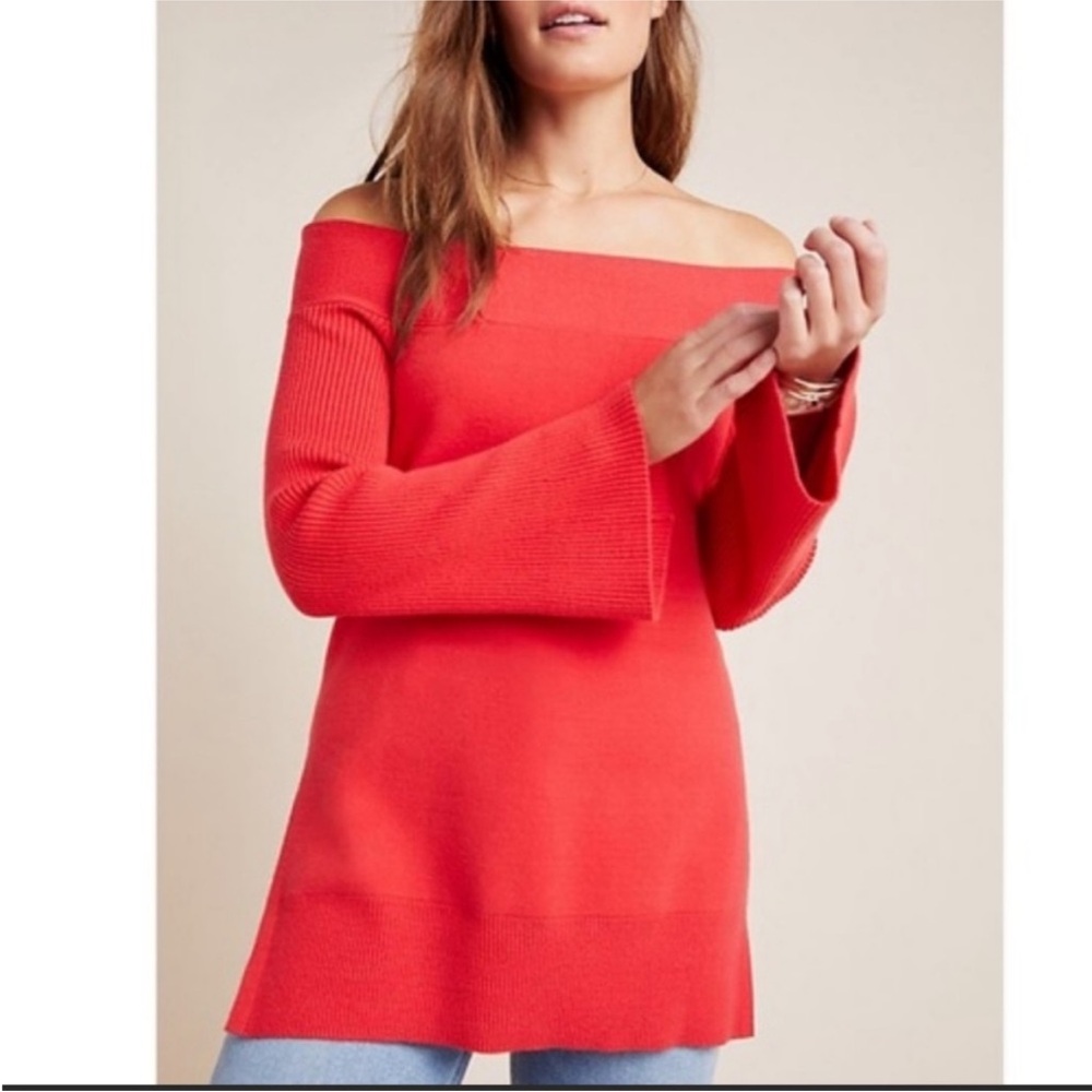 Anthropologie Elise off shoulder red ribbed tunic sweater  NWOT XS